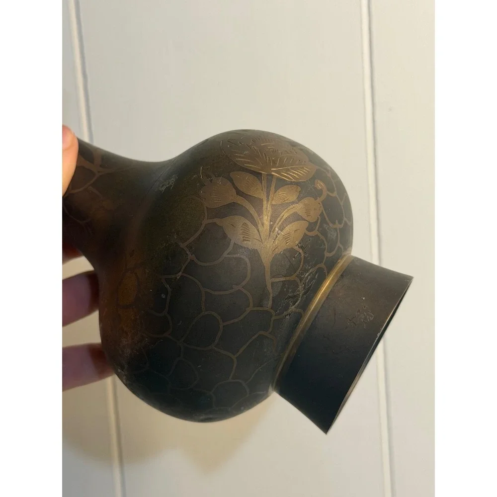VTG Etched Brass Vase Trio Gold Black Floral‎ Ruffled Bud Decorative India Set